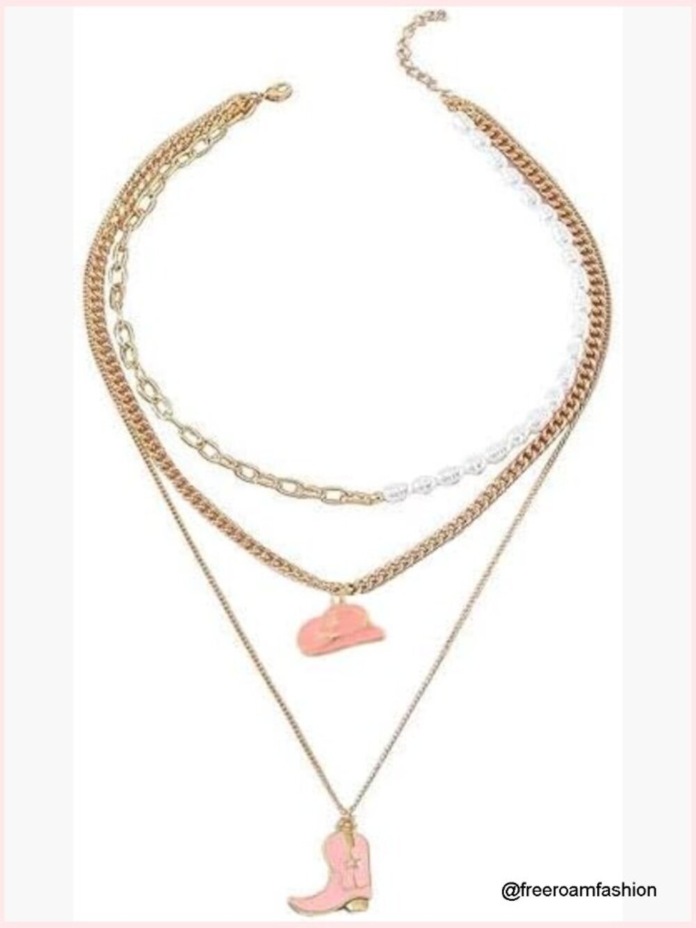 Layered Western Cowgirl Pearl Chain Necklace with Boot & Hat Charms